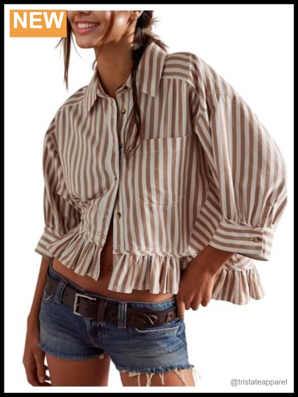 Womens Striped 3/4 Sleeve Blouse Loose V Neck Button Down Ruffled Hem Top